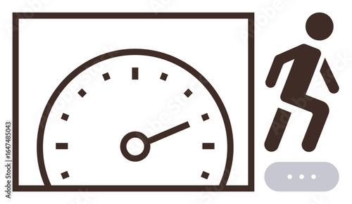 Speedometer showing measurement paired with walking figure symbolizing movement, progress, and tracking. Ideal for fitness, motivation, productivity, monitoring, goal-setting, improvement