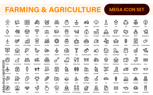Farm, Farming, Agriculture - thin line web icon set. Contains such Icons as Greenhouse, Haystack, Harvest and more. Outline icons collection.