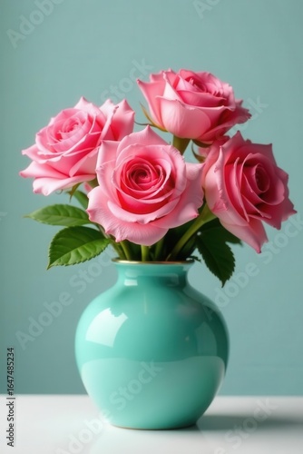 Full bloom pink roses in a glossy turquoise ceramic vase , pink roses, closeup, texture