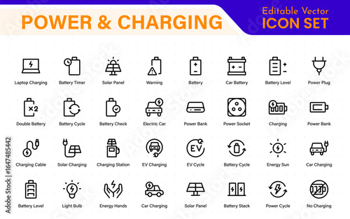 Power and Charging icons. This collection covers electric car charging, battery indicators, cables, energy flow, adapters, and power stations in a clean outline style.