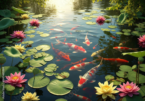Vibrant Koi Fish and Lotus Flowers in a Serene Pond Garden