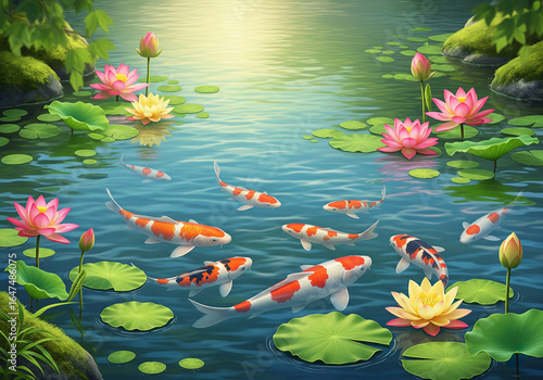 Vibrant Koi Fish and Lotus Flowers in a Serene Pond Garden