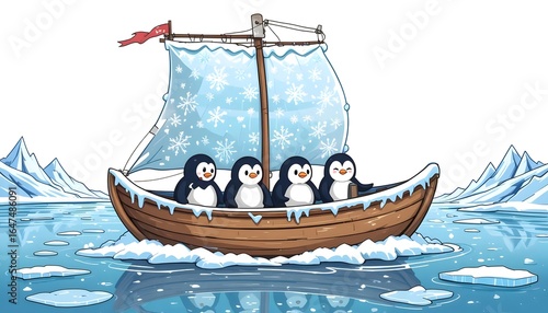 Adorable Penguins Sailing on a Frosty Boat in a Frozen Landscape