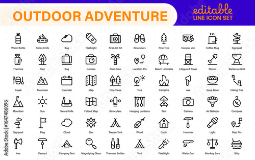 Outdoor Adventure Icon Pack – Includes scenic icons like camping tents, travel gear, forest trails, mountain peaks, sunsets, and nature views for wild and free projects.