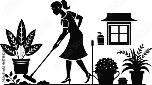 A woman tending her garden outside a cozy home