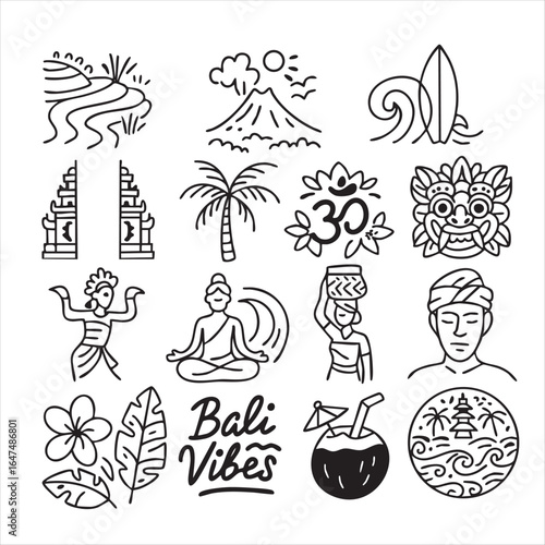 Collection of black and white doodles on the theme of Bali. Food, animals, tropical plants, symbols, architecture, drinks