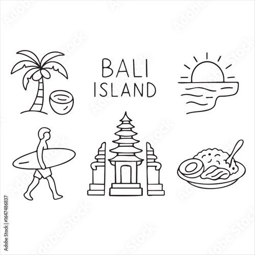 Collection of black and white doodles on the theme of Bali. Food, animals, tropical plants, symbols, architecture, drinks