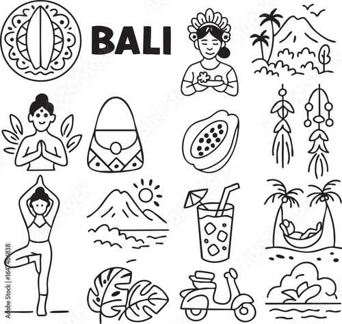 Collection of black and white doodles on the theme of Bali. Food, animals, tropical plants, symbols, architecture, drinks