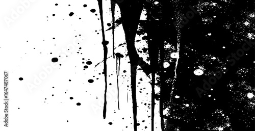 Abstract black and white graffiti-style art with dripping paint effects, scattered ink splatters, and halftone dot patterns.