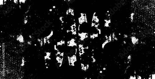 Abstract black and white graffiti-style art with dripping paint effects, scattered ink splatters, and halftone dot patterns.