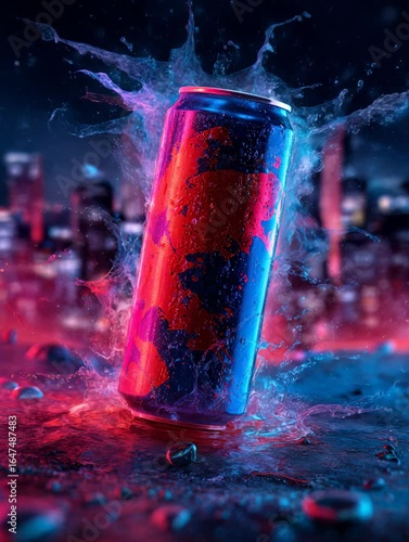Energy Drink Can with Splashing Liquid and Colorful Neon Lighting
