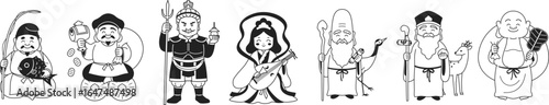 横一列に並ぶ七福神のイラスト（白黒）