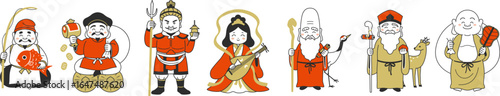 横一列に並ぶ七福神のイラスト