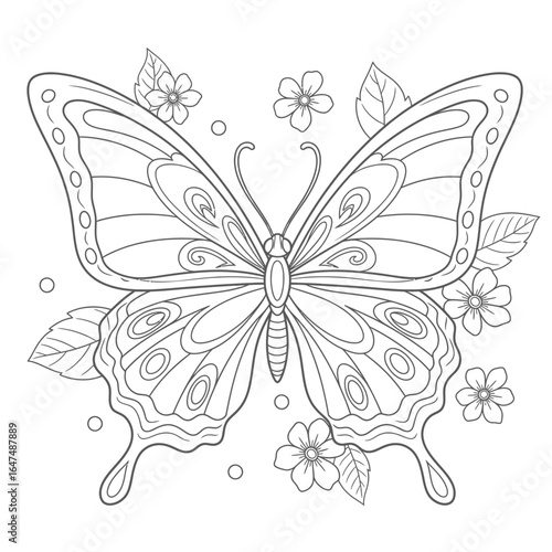 Butterfly and flower: This intricate monochrome illustration showcases a delicate butterfly amidst a collection of flowers, inviting you to explore the details and bring the image to life.