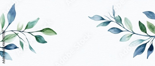 A serene watercolor illustration featuring delicate green and blue leaves on a textured background, perfect for nature-themed designs.