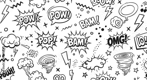 Black and white comic book style pop art doodle with POW, BAM, POP, OMG, and cartoon explosion effects