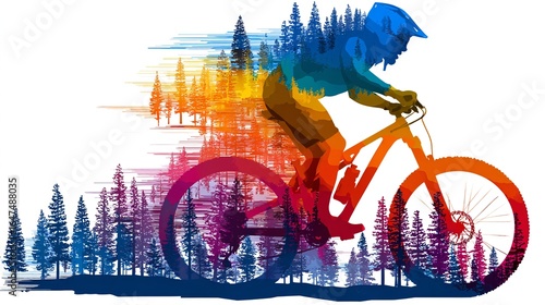Wallpaper Mural KOLOROWA SYLWETKA ROWERZYSTY GÓRSKIEGO W LESIE Torontodigital.ca