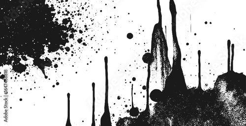 Abstract black and white graffiti-style art with dripping paint effects, scattered ink splatters, and halftone dot patterns.