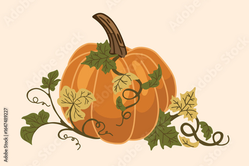 Detailed autumn pumpkin illustration with curling green and yellow leaves, perfect for seasonal decor, kitchen prints, vintage harvest designs, and botanical artwork for fall projects