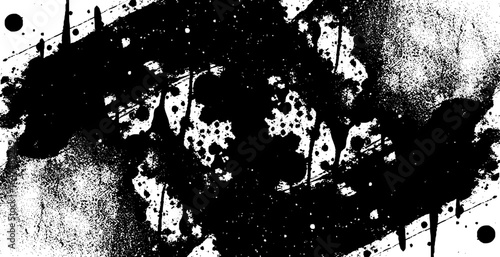 Abstract black and white graffiti-style art with dripping paint effects, scattered ink splatters, and halftone dot patterns.