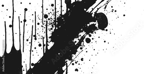 Abstract black and white graffiti-style art with dripping paint effects, scattered ink splatters, and halftone dot patterns.