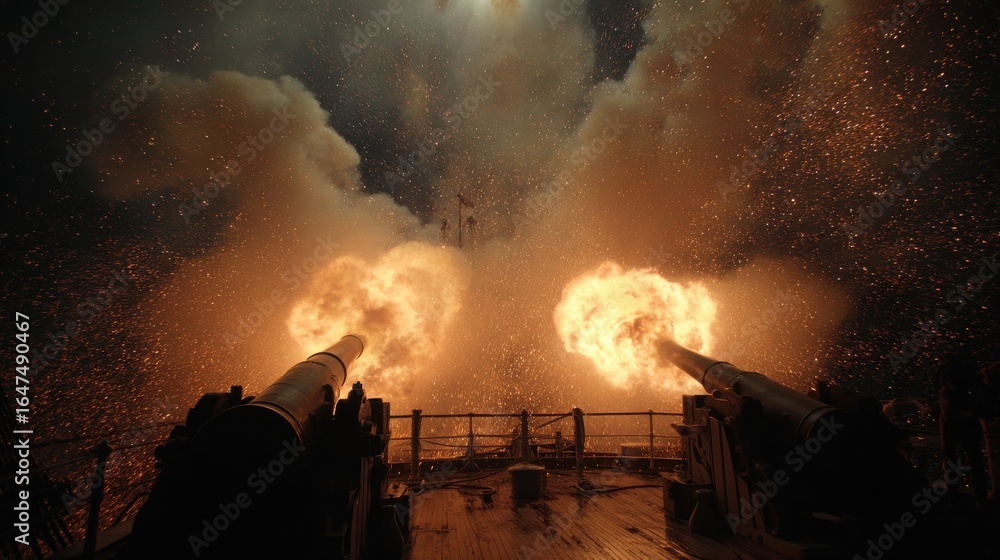 Obraz premium Bright flashes erupt from cannons as they fire into the dark night sky, illuminating a naval battle scene filled with billowing smoke and sparks. Tension fills the air amidst the chaos