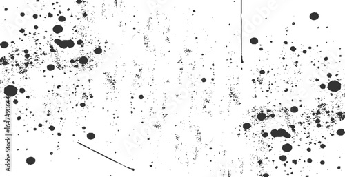Abstract black and white graffiti-style art with dripping paint effects, scattered ink splatters, and halftone dot patterns.