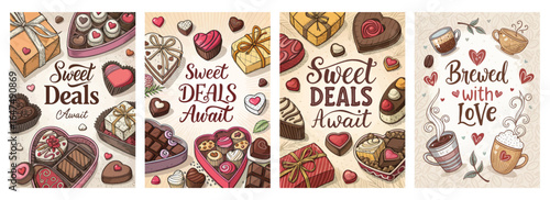 Charming illustrated collection of sweet deals highlighting chocolates and treats, perfect for love-themed occasions.