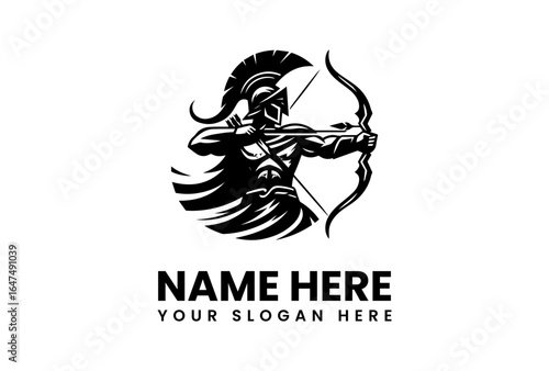Black and white Spartan archer with feathered helmet drawing back bow.