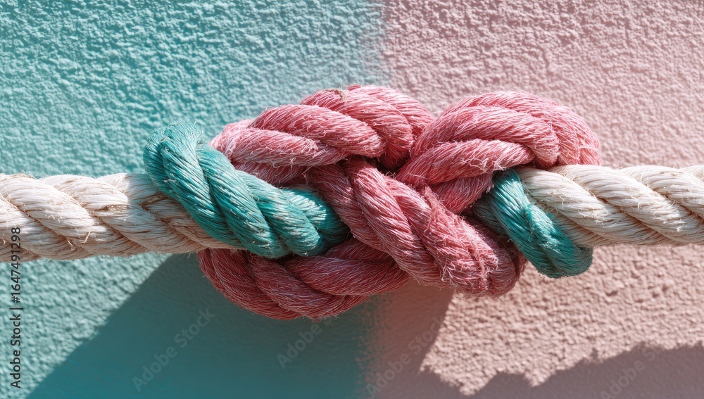 Fototapeta premium Knotted ropes on a two-toned wall