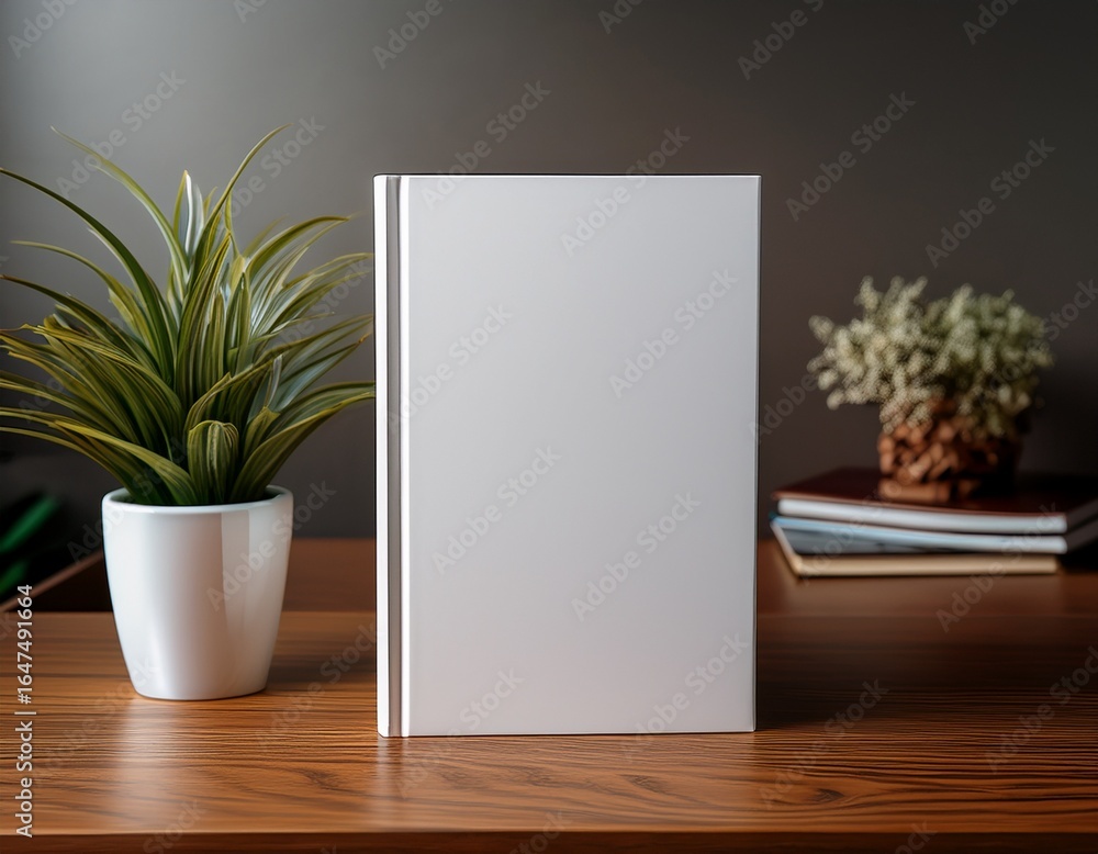 Fototapeta premium a crisp white hardcover book stands upright on a wooden desk