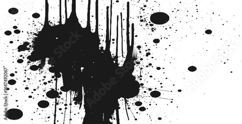 Abstract black and white graffiti-style art with dripping paint effects, scattered ink splatters, and halftone dot patterns.