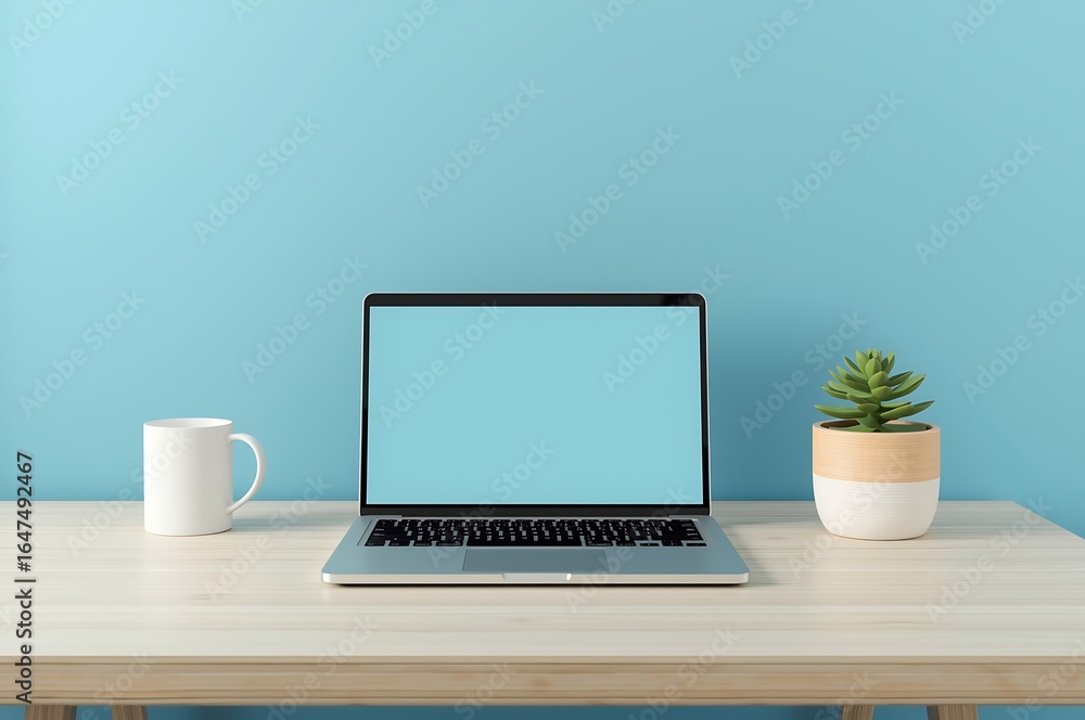 Fototapeta premium Modern home office setup featuring an open laptop white mug and small potted plant against a blue wall