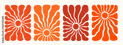Retro sun or groovy flower pattern set in orange and red tones with bold organic rays on textured background. Sun pattern in abstract groovy style. Great for posters, fabric, packaging, and wall art