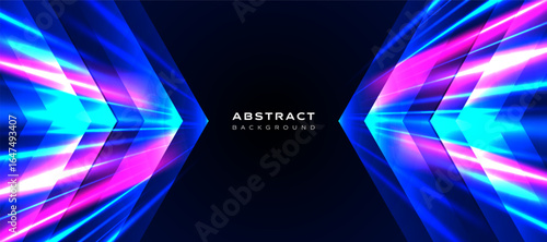 Horizontal abstract vector background with glowing neon arrows in blue and pink on dark gradient. Perfect for website, cover, and presentation design with a modern and futuristic theme