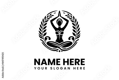Elegant Black Silhouette of a Woman in Yoga Pose with Laurel Wreath.