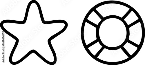 Starfish and lifebuoy simple line art icon set.