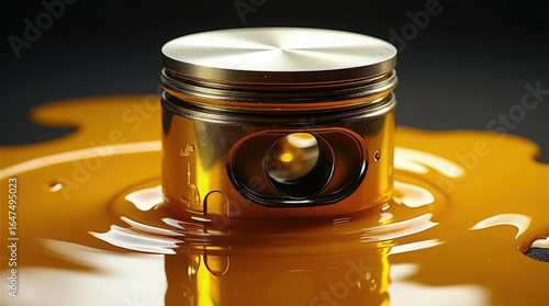 Golden-hued engine piston close-up: Precision machining, reflective Surface and synthetic oil in industrial artistry display
