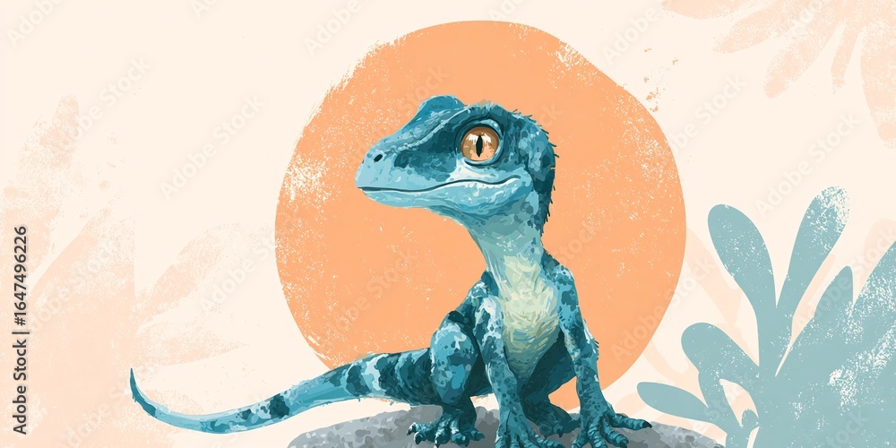 Fototapeta premium UROCZY MALOWANY AKWARELĄ MAŁY WELOCIRAPTOR W ZABAWNEJ POZIE