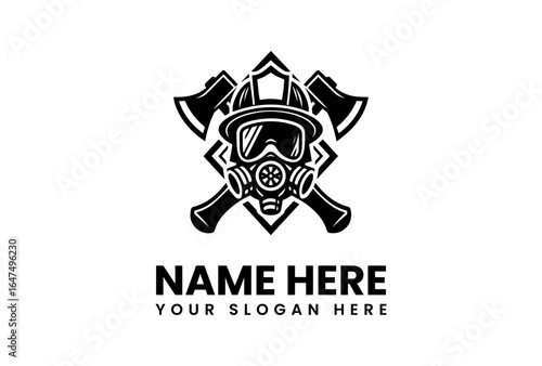 Firefighters Helmet and Gas Mask with Crossed Axes Emblem in Bold Black Silhouette.