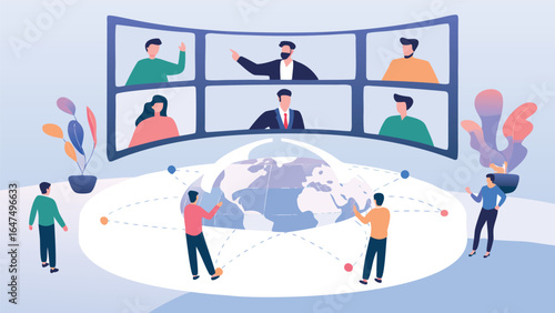 People attending a virtual meeting with a world map and connected dots in the background shown online