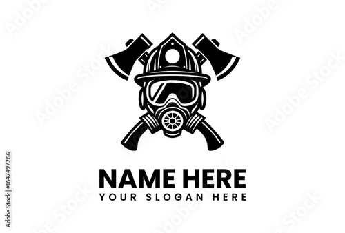Firefighters Helmet Axe and Gas Mask Emblem with Bold Typography.