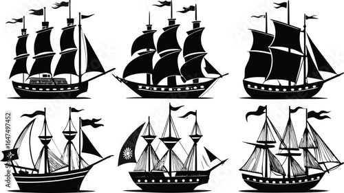 A fleet of vintage tall ships and galleons in bold black silhouettes