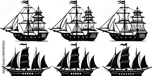 A fleet of vintage tall ships and galleons in bold black silhouettes