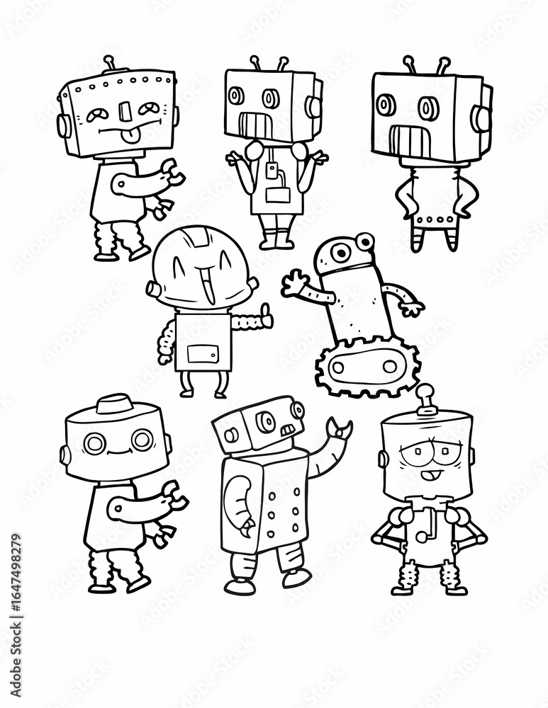 Fototapeta premium Charming collection of cute, hand-drawn robots expressing various fun emotions and poses for creative projects.