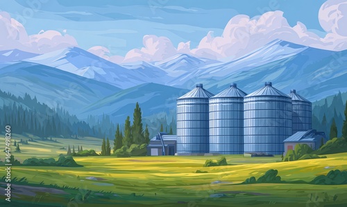 PASTELOWA ILUSTRACJA BIOGAZOWNI W GÓRZYSTYM KRAJOBRAZIE