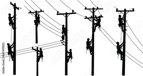 Silhouette of Linemen Climbing Utility Poles, Performing Electrical Repairs, Wearing Safety Gear, Working on Power Lines, Maintenance Team at Work