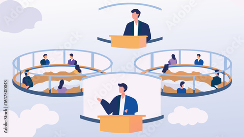 Illustration of a virtual conference with speakers and attendees in separate circular platforms