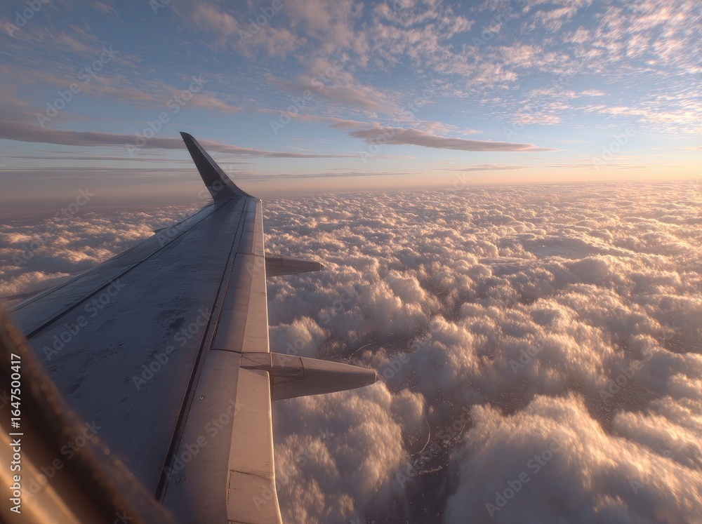 Obraz premium Airplane wing over a vast expanse of clouds at sunset
