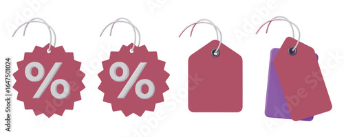 Vector art of a group of four price tags featuring starburst shapes with percentage symbols and square tags, isolated on white background, ideal for showcasing sales and discounts in retail settings